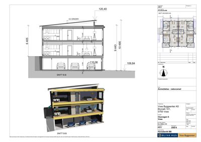 Bildet viser en snittegning (SNITT B-B) av en bolig med oppriss, mål og romfordeling, samt en 3D-visualisering av samme snitt.