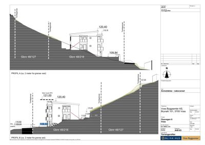 Tverrsnitt (snitt) av to etasjer (PROFIL A og PROFIL B) som viser bygningens høyde, terrengforhold og plassering i forhold til tomtegrenser.