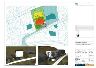 Situasjonsplan med 3D-rendering som viser bygningens plassering i forhold til terrenget, nabolag og vei.