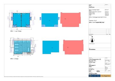 Plantegning som viser romfordeling og arealoppdeling for et bygg (BRA) på ulike etasjer.