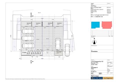 Plantegning av etasje 1 (P1) som viser plassering av 8 sykler, 4 sportsboder, en biloppstillingsplass og en renoveringsplass.
