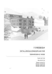 Et sort-hvitt fotografi som viser en 3D-visualisering av et fleretasjes bygg i et landskap, med tekst under som identifiserer det som et forslag til detaljreguleringsplan.