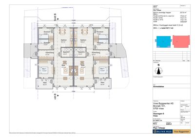 Etasjeplan (Plan 1. Etasje) som viser romfordeling, mål og areal for en bolig.