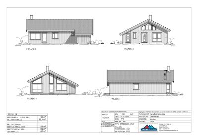 Fasadetegning som viser fire sider (fasader) av en bygning med mål og arealopplysninger.