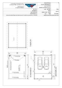 En tegning som viser etasjeplaner (Hovedplan, Fundament, Takplan) for en bygning med angitte mål og romfordeling.