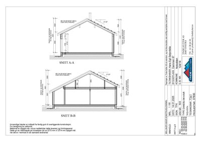 Snittegning (SNITT A-A og SNITT B-B) som viser tverrsnittet av en hytte med mål på vegger, takhøyde og konstruksjon.