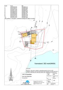 Situasjonsplan som viser tomtens grenser, bygningers plassering, høydemålinger og vannstand.