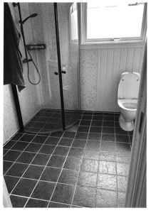 Fotografi av et bad med dusj, toalett og vindu.