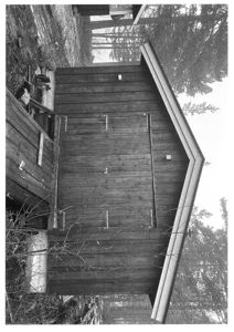Fotografi av en liten, trepanelt hytte eller uthus sett fra siden, med skog i bakgrunnen.