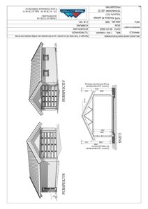 Fasadetegning med perspektiv og snitt av en hytte, inkludert mål og konstruksjonsdetaljer.