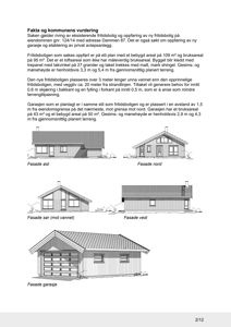 Bildet viser en tegning med oppriss av fasader (øst, nord, sør, vest og garasje) for en planlagt fritidsbolig og garasje.