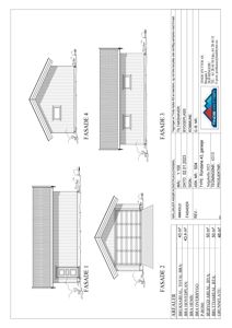 Fasadetegning som viser bygningens utseende fra fire ulike vinkler (Fasade 1-4) med opplysninger om arealer og prosjektdata.