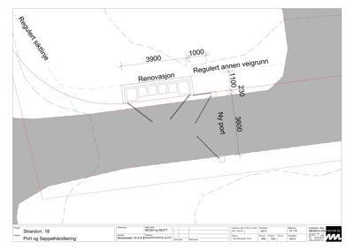 Situasjonsplan som viser bygningens plassering i forhold til regulert siktninje, annen veigrunn og ny port.