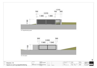Oppriss av port og søppelhåndtering med mål og detaljer