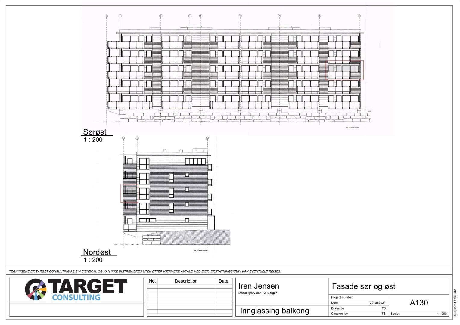 Fasadetegning som viser bygningens utseende sett fra sørøst og nordøst.