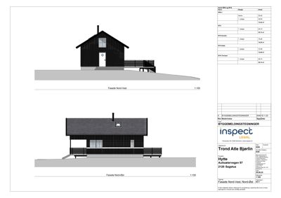 Fasadetegning som viser bygningens utseende fra flere vinkler (Nord-Vest og Nord-Øst) med mål og detaljer.