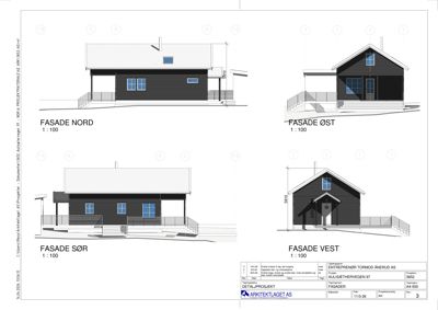 Fasadetegning som viser utsiden av en bygning fra fire sider (Nord, Øst, Sør, Vest) med mål og detaljer.