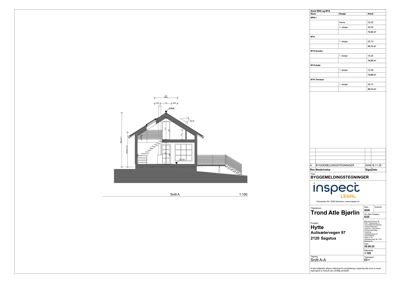 Snittegning (Snitt A) som viser bygningens tverrsnitt, innvendige høyder, trapp og fasadeopprikk.