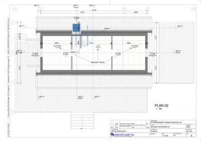 Snittegning (Snitt 1) som viser tverrsnittet av etasjen, inkludert romfordeling, høyder og konstruksjonsdetaljer.