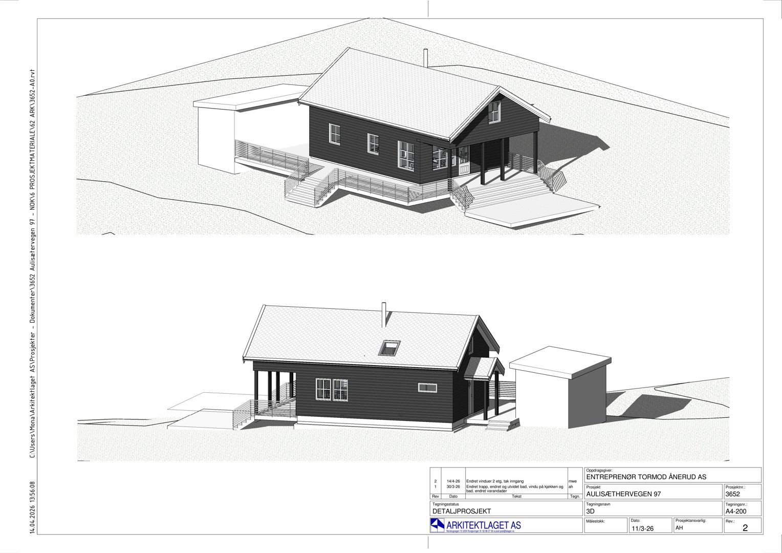 3D-visualisering av en husfasade med skygger og detaljer som trapper og vinduer.