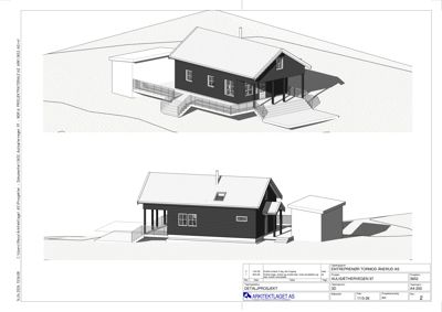 3D-visualisering av en husfasade med skygger og detaljer som trapper og vinduer.