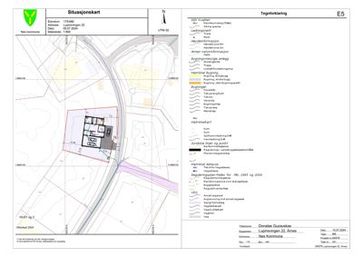 Situasjonskart som viser eiendommen Løpsvingen 22 i Nøys kommune, med bygningens plassering, vegnett, og reguleringer.