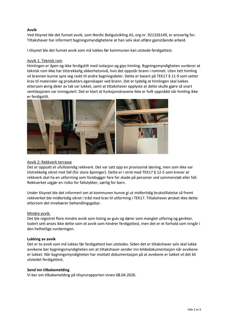 Fotografier av tekniske rom (himling og rekkverk) som viser avvik i en byggesak.