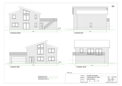 Fasadetegning som viser bygningens utseende fra fire sider (Nord, Øst, Sør, Vest) med mål og terrenglinjer.