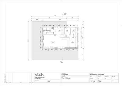 Etasjeplan (Plan 1) for en frittebolig, som viser romfordeling, dimensjoner og snittreferanser.