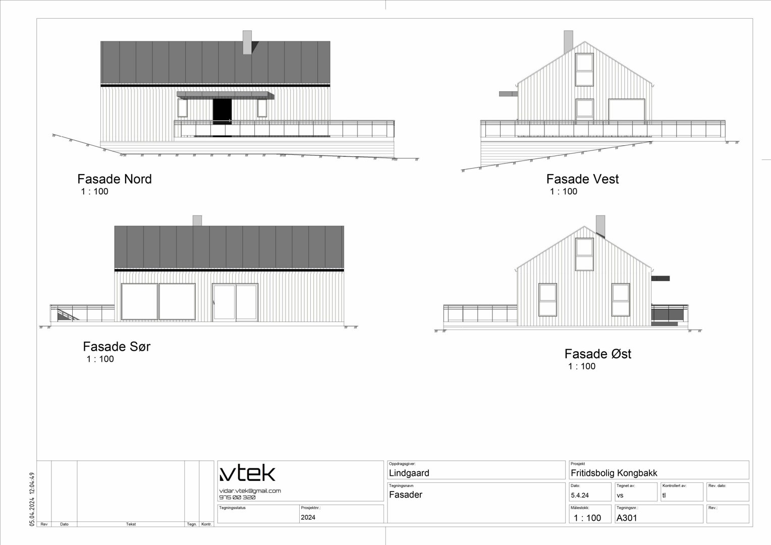 Fasadetegning som viser bygningens utseende fra fire sider: Nord, Vest, Sør og Øst.