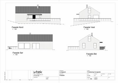 Fasadetegning som viser bygningens utseende fra fire sider: Nord, Vest, Sør og Øst.
