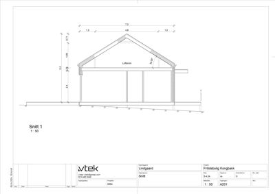 Snittegning (Snitt 1) som viser tverrsnittet av en frilandsbolig med mål og konstruksjonsdetaljer.