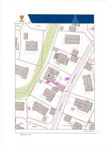 Situasjonsplan som viser tomtedeling, bygningers plassering, vegnett og arealdata (f.eks. 444 m², 5 m, 20 m).