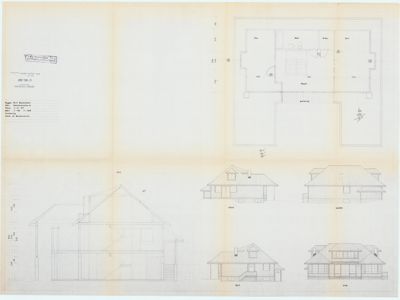 Bildet viser en tegning med en snittegning (opprikk) av en bygning til venstre, og fire fasadetegninger (opprikk) av bygningen sett fra ulike vinkler (vest, nord, øst, syd) til høyre.