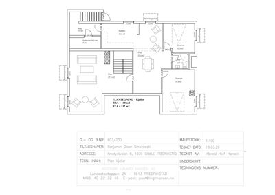 Plantegning av kjelleretasje med romfordeling, arealoppdelinger og dimensjoner.