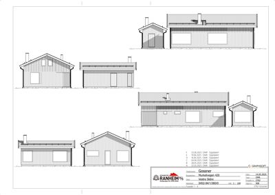 Fasadetegning som viser bygningens utsyn fra flere vinkler (front, side, bakside) med detaljer om takform, vinduer og veggmønster.