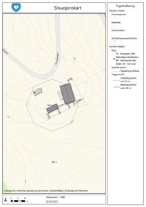 Situasjonskart som viser eiendomsgranser, bygningers plassering, topografi og målestokk.