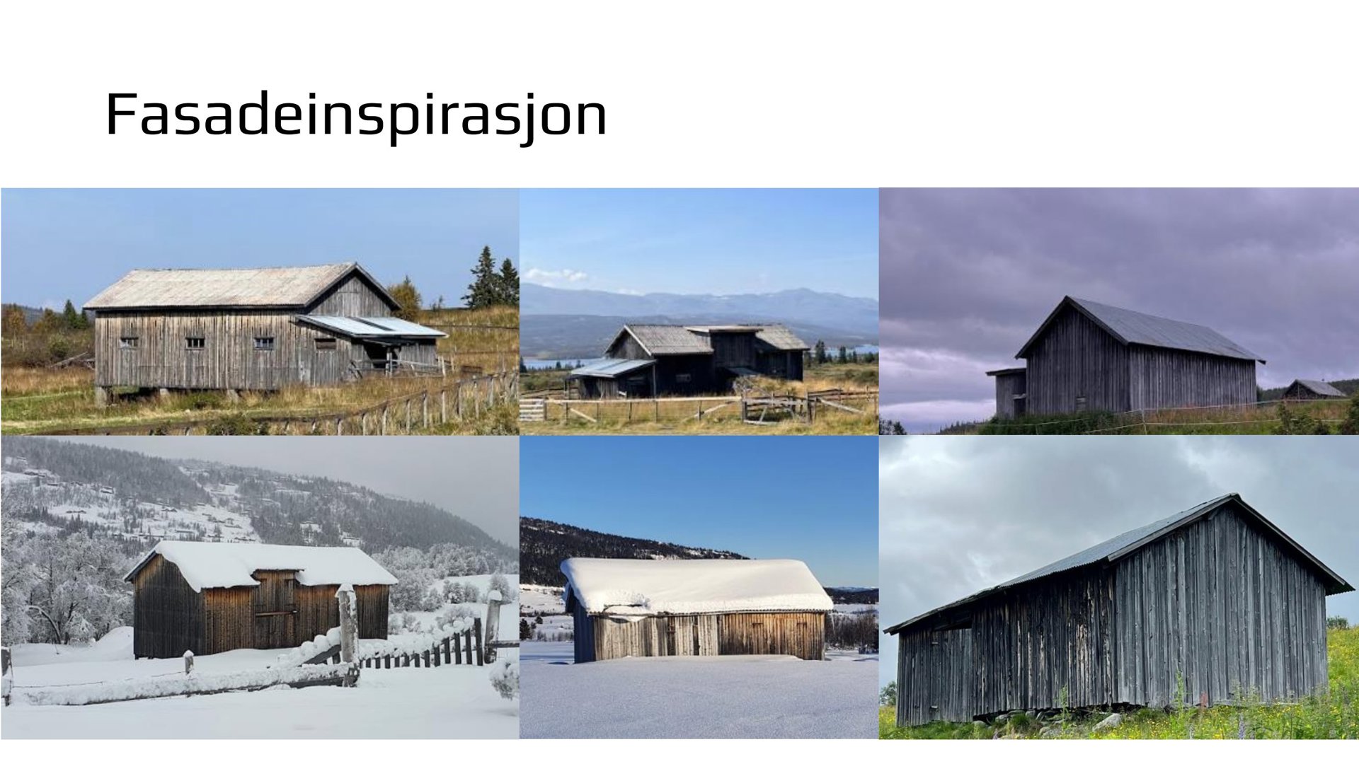 Et sammensatt bilde (collage) som viser seks ulike fotografier av tradisjonelle norske tømmerhytter eller uthus i ulike landskap og værforhold. Bildet er trolig brukt som inspirasjonsmateriale for fasadevalg.