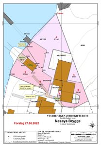 Situasjonsplan og jordskifterett for Nesøya Brygge i Asker kommune, som viser eiendomsgrenser, areal og bygningsplassering.