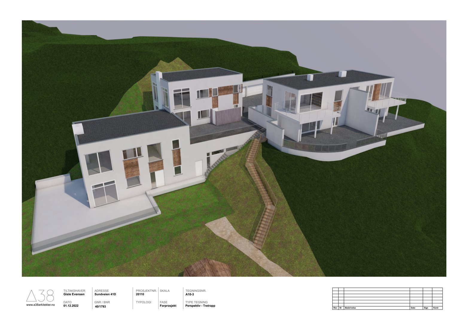 3D-visualisering av et hus på en skråning med trapp.