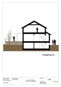 Snittegning A-A som viser tverrsnitt gjennom bygningen med etasjer, trapp og innvendig oppbygging.