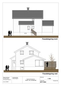 Fasadetegning som viser bygningens utsyn mot nord og vest med mål og detaljer.