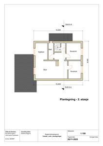 Plantegning av 2. etasje med romfordeling (stue, kjøkken, bad, soverom), dimensjoner og snittmerking.