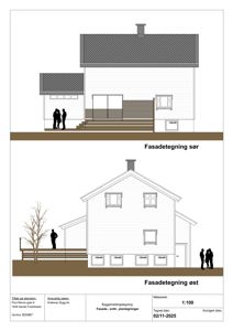 Bildet viser to fasadetegninger (sør og øst) av en bolig, inkludert detaljer som vinduer, dører, takform og trapper. Det er også tegninger med menneskefigurer for skala.