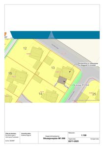 Situasjonsplan som viser tomtene 12, 13, 14, 15 og 25, gatelysning (Poul Rønne gate, Kåre Olsens gate), og planlagte endringer som ny terrasse og bruksendring av kjelleretasje.