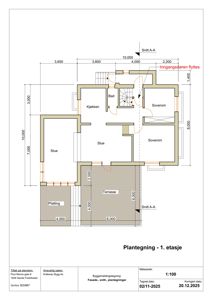 Plantegning av 1. etasje med romfordeling, mål og snittlinjer.
