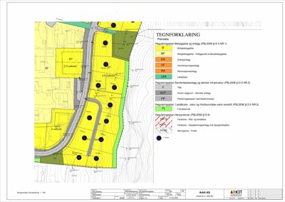 Situasjonsplan (tomteplan) som viser reguleringsplan med arealbruksinndeling (B, BF, EA, VF, RA, LEK, V, AVT, PP, FL) og hensynsoner.
