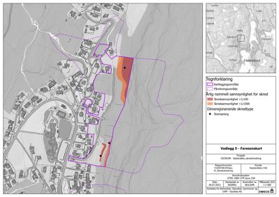 Faresonekart som viser et kart over et område med overlagte kartleggingsområder, skredområder og steinsprang.