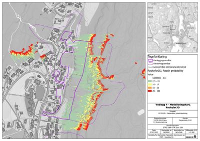 Modelleringskart som viser steinsprang- og steinskredrisiko (Rockyfor3D) for et område i Flekkefjord.
