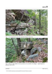 Fotografier av en bergskrent med steinblokker i en skog.